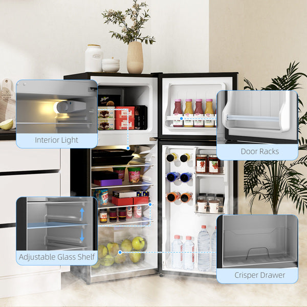 Black & Silver 2 Door Mini Fridge with Freezer, Compact Refrigerator (-4℉~10.4℉ Freezer & 28.4℉~50℉ Fridge), for Bedroom, Dorm, Office, Apartment, Keep Food & Drinks Fresh