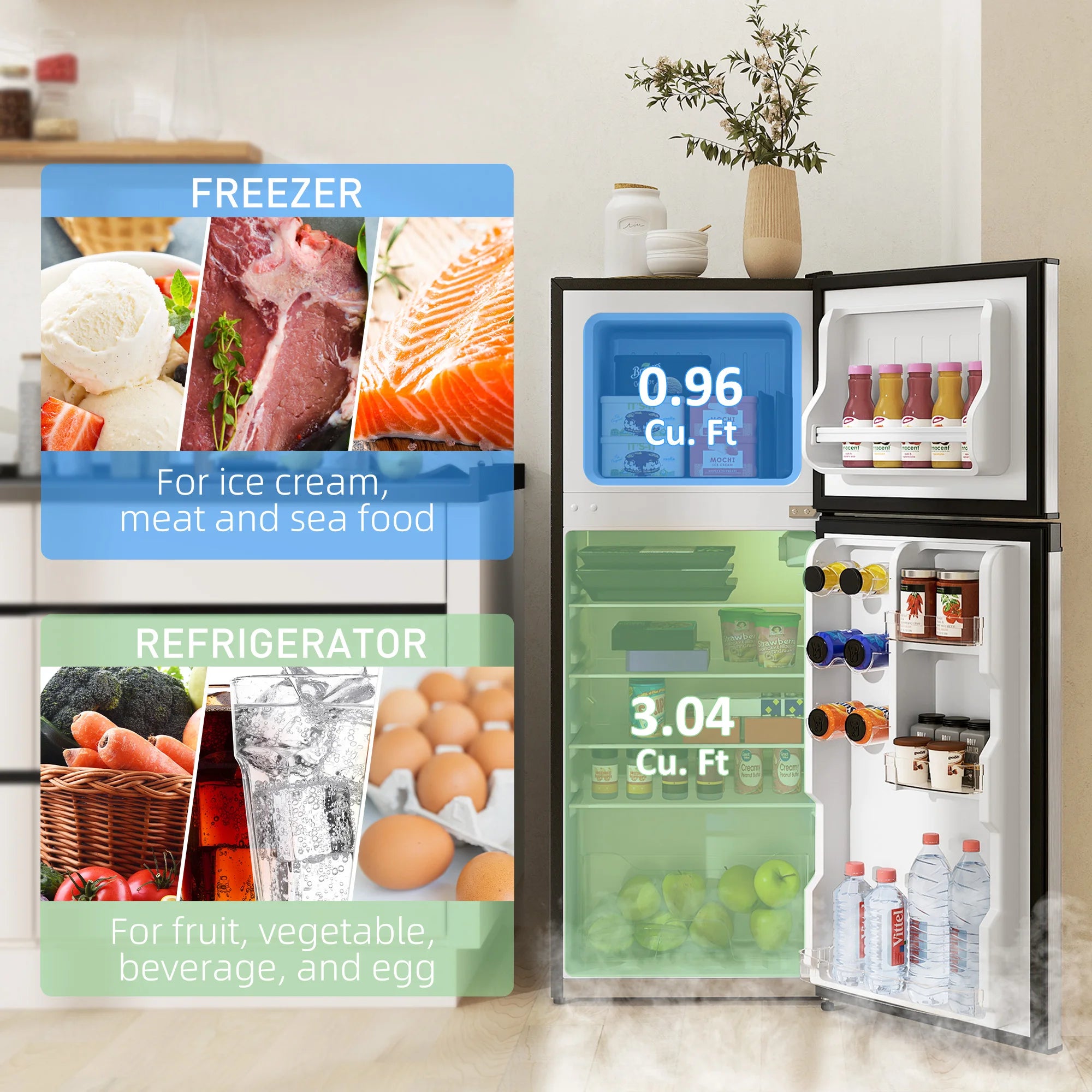 Black & Silver 2 Door Mini Fridge with Freezer, Compact Refrigerator (-4℉~10.4℉ Freezer & 28.4℉~50℉ Fridge), for Bedroom, Dorm, Office, Apartment, Keep Food & Drinks Fresh