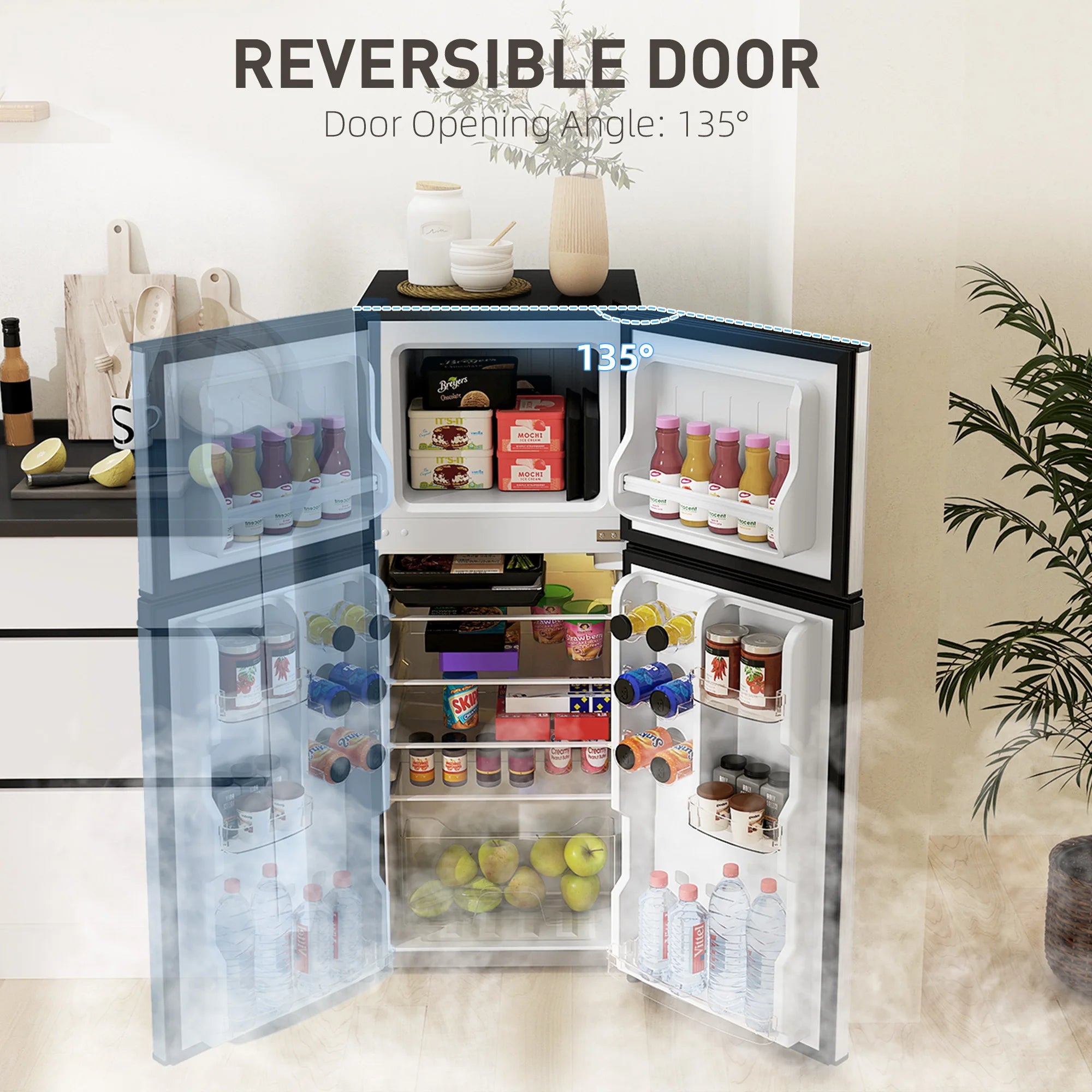 Black & Silver 2 Door Mini Fridge with Freezer, Compact Refrigerator (-4℉~10.4℉ Freezer & 28.4℉~50℉ Fridge), for Bedroom, Dorm, Office, Apartment, Keep Food & Drinks Fresh