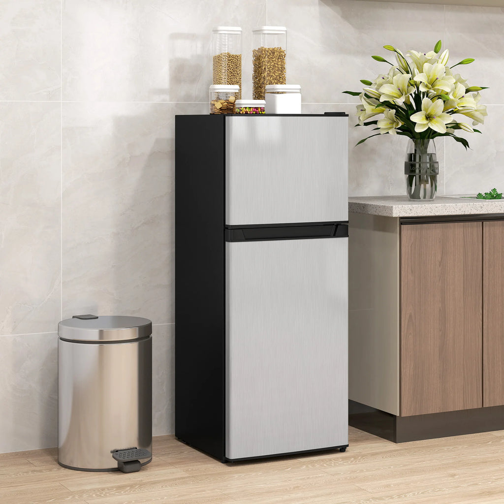 Black & Silver 2 Door Mini Fridge with Freezer, Compact Refrigerator (-4℉~10.4℉ Freezer & 28.4℉~50℉ Fridge), for Bedroom, Dorm, Office, Apartment, Keep Food & Drinks Fresh